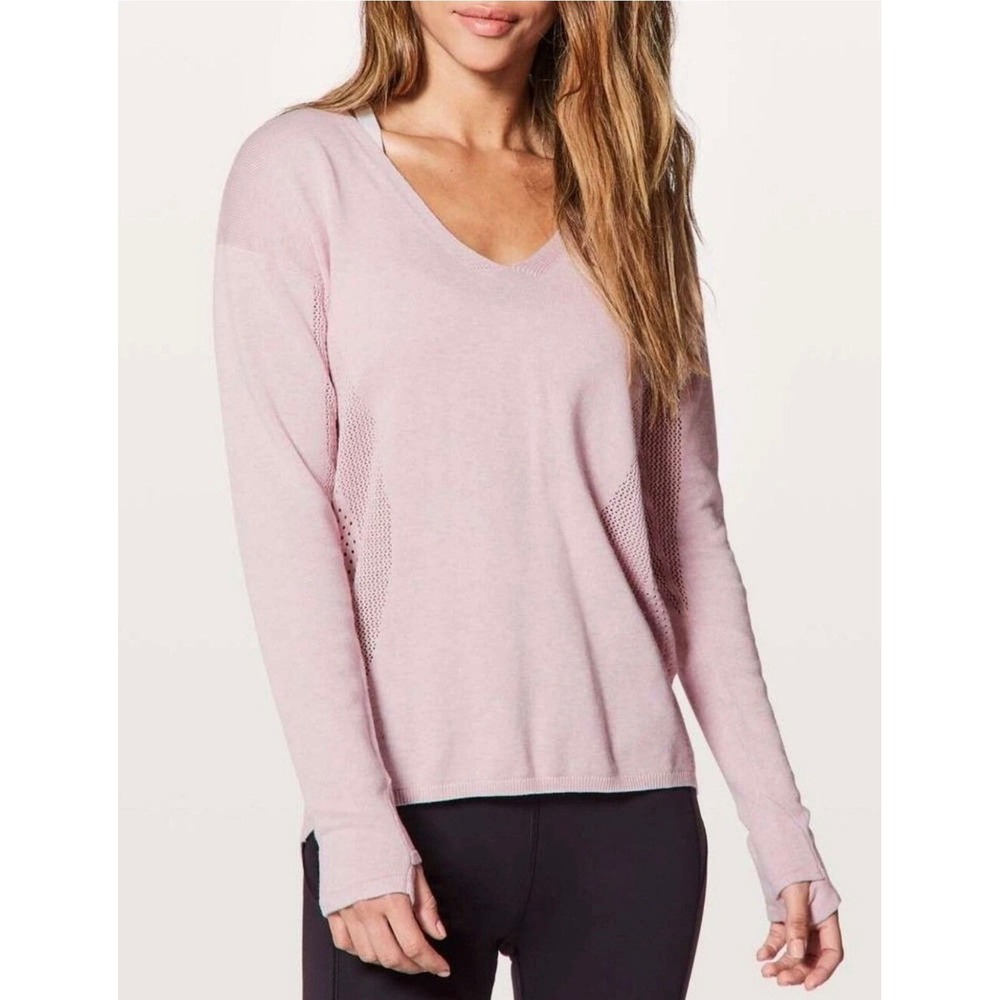 Lululemon Heathered Pink Mesh V-Neck Sweater with Thumbholes Size 6-8